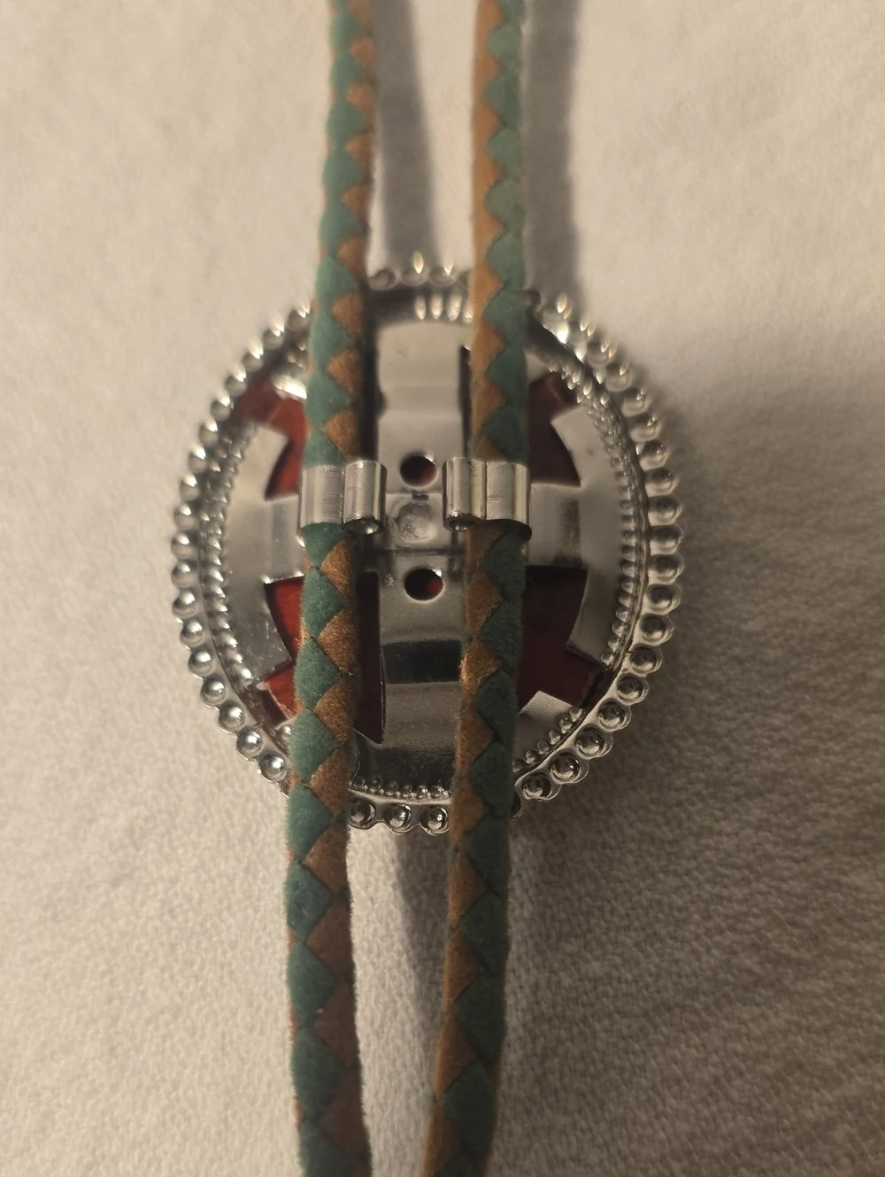 Red Stone And Leather Bolo Tie with Braided Green And Natural brown Leather cord